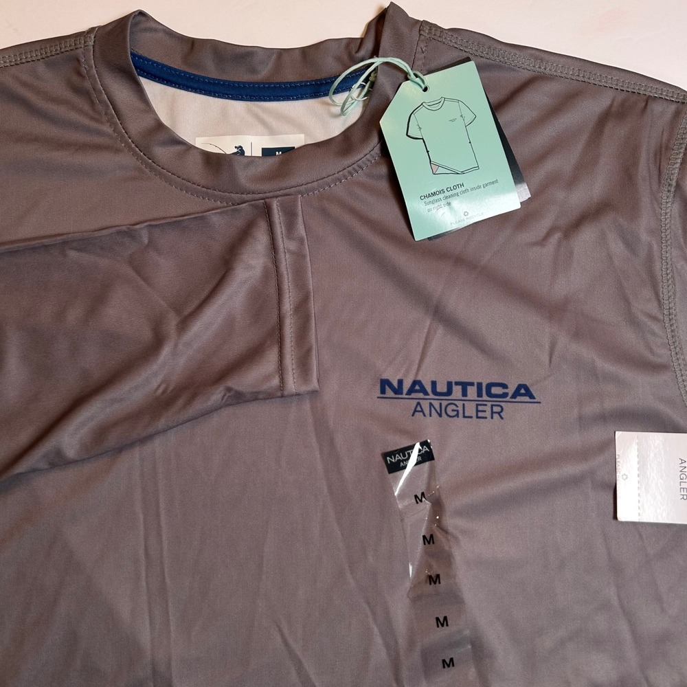 Nautica Angler Ultracool Long Sleeve Fishing Shirt Gray US Flag Mens Size M Flaw
